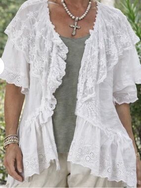 White Lace Ruffle Kimono Top - Classic Boho Layering